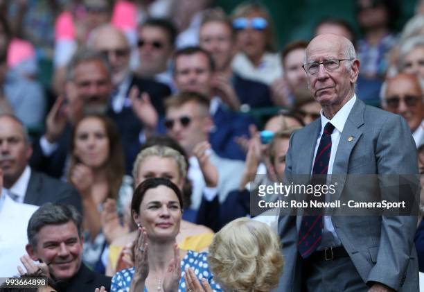 Former England and Manchester United footballer Bobby Charlton in the Royal box on Centre Court at All England Lawn Tennis and Croquet Club on July...