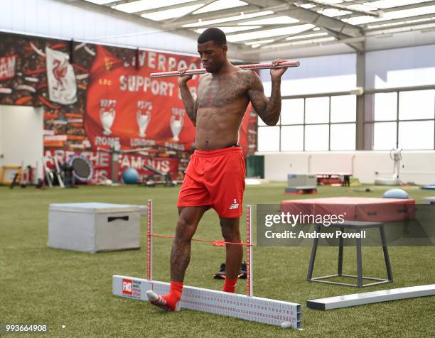 Georginio Wijnaldum of Liverpool during his first day back at Melwood Training Ground on July 8, 2018 in Liverpool, England.