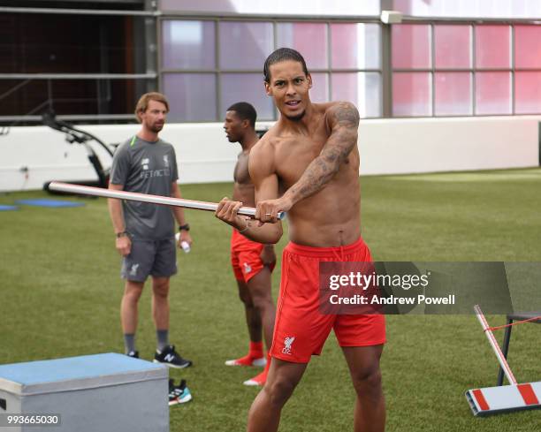 Virgil van Dijk of Liverpool during his first day back at Melwood Training Ground on July 8, 2018 in Liverpool, England.