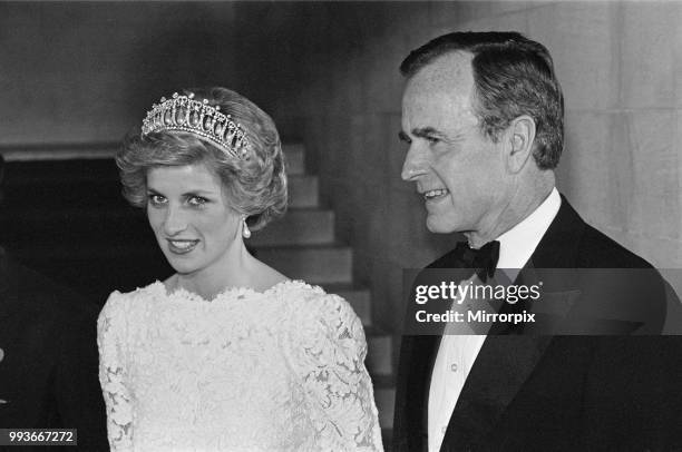 Princess Diana, the Princess of Wales meet Vice-President George Bush and Barbara Bush at the British Ambassador's Residence on November 11, 1985...