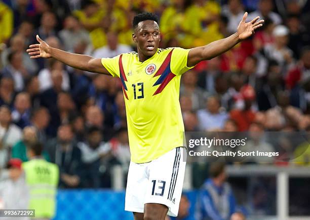 Yerry Mina of Colombia reacts during the 2018 FIFA World Cup Russia Round of 16 match between Colombia and England at Spartak Stadium on July 3, 2018...