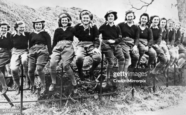 Group of happy looking Land Army girls pose for a group photograph during the Second Wprld War, circa 1943.