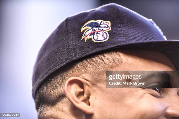 Detailed view of the National League logo on the New Era cap of Carlos Gomez of the Tampa Bay Rays before the game against the Miami Marlins at...