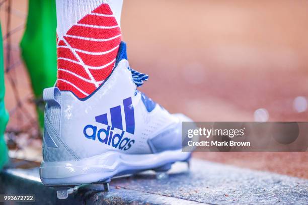 Detailed view of the Adidas cleat of Willy Adames of the Tampa Bay Rays before the game against the Miami Marlins at Marlins Park on July 3, 2018 in...