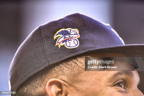 Detailed view of the National League logo on the New Era cap of Carlos Gomez of the Tampa Bay Rays before the game against the Miami Marlins at...