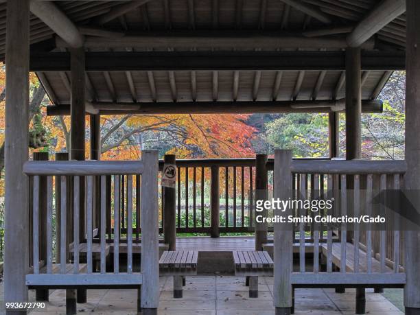 Wooden meeting place at the Institute for Nature Study, Japanese national museum of nature and science, Shirokane, Tokyo, Japan, November 28, 2017.