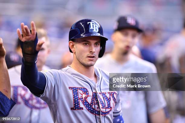 Daniel Robertson of the Tampa Bay Rays gestures against the Miami Marlins at Marlins Park on July 3, 2018 in Miami, Florida.