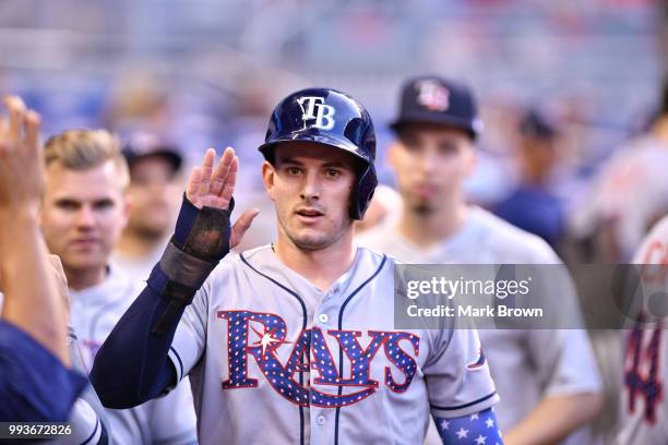 Daniel Robertson of the Tampa Bay Rays gestures against the Miami Marlins at Marlins Park on July 3, 2018 in Miami, Florida.