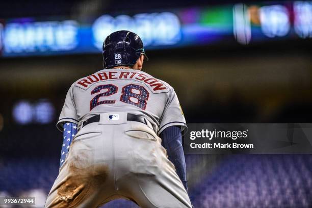 Daniel Robertson of the Tampa Bay Rays looks on against the Miami Marlins at Marlins Park on July 3, 2018 in Miami, Florida.