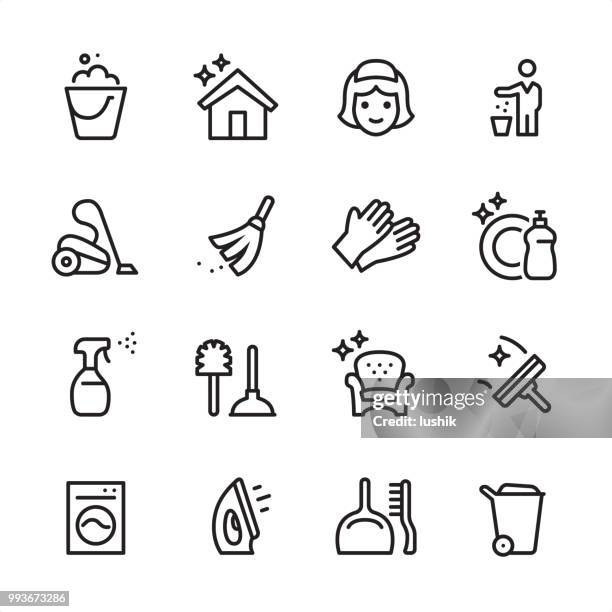 ilustraciones, imágenes clip art, dibujos animados e iconos de stock de servicio de limpieza - conjunto de iconos de contorno - aspiradora-artículo-de-limpieza