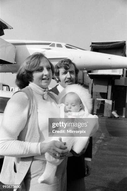 And Frith with their 6 month old daughter Kathy on their arrival at Heathrow airport after their flight on Concorde from Bahrain, 2nd March 1976.