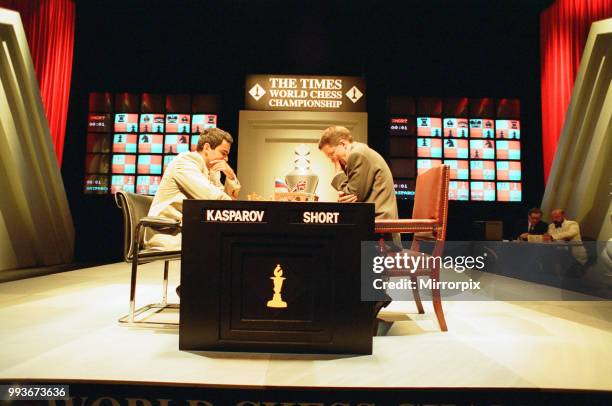 Garry Kasparov and Nigel Short sitting to play their first Chess match this afternoon at London's Savoy Theatre, 7th September 1993.