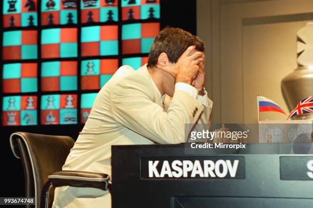 Garry Kasparov and Nigel Short sitting to play their first Chess match this afternoon at London's Savoy Theatre, 7th September 1993.