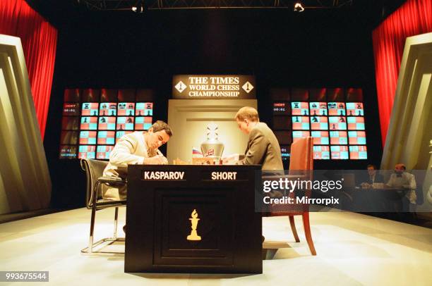 Garry Kasparov and Nigel Short sitting to play their first Chess match this afternoon at London's Savoy Theatre, 7th September 1993.