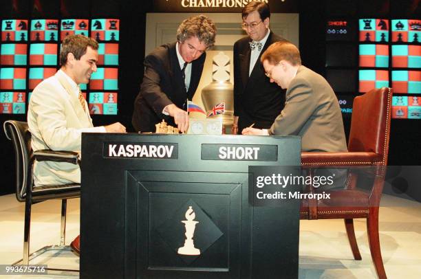 Garry Kasparov and Nigel Short sitting to play their first Chess match this afternoon at London's Savoy Theatre, 7th September 1993.