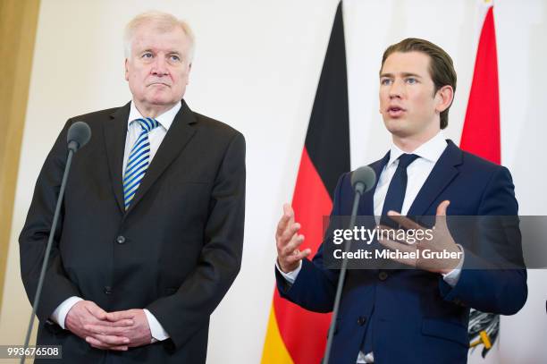 Austrian Chancellor Sebastian Kurz , German Interior Minister Horst Seehofer and Austrian Vice-Chancellor Heinz-Christian Strache speak to the media...