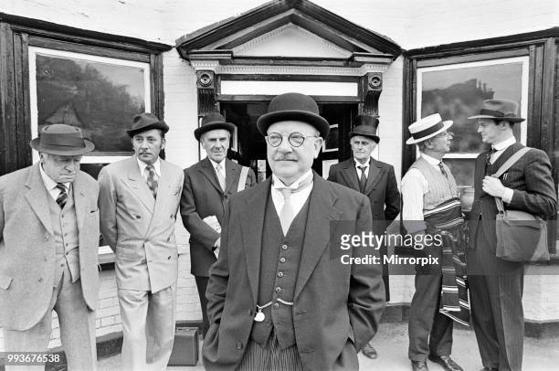Arthur Lowe as Captain Mainwaring during the filming of the Dad's Army film at Chalfont St Giles, Buckinghamshire. Also pictured are Arnold Ridley,...