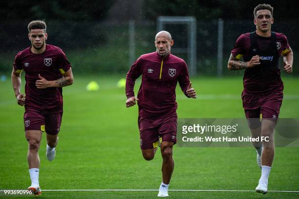 Marcus Browne,Pablo Zabaleta,Reece Burke during a training session on the West Ham Pre-Season Tour to Switzerland on July 3, 2018 in Bad Ragaz,...