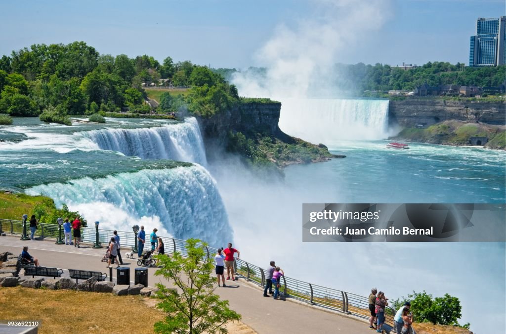 American Falls, Bridal Veil Falls and Horseshoe Falls in Niagara Falls seen from the Niagara Falls Observation Tower