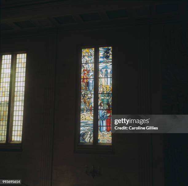 Queen Wilhelmina, stained glass window inside Dutch Church, Austin Friars, London, UK, 1966.