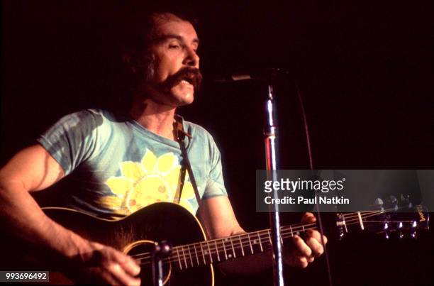 American folk singer and guitarist Jim Post performs on stage at Triton College in River Grove, Illinois, September 17, 1977.