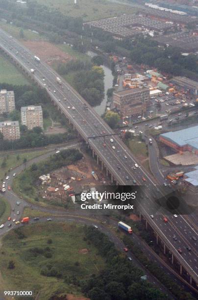 Aerial view of traffic in Birmingham, from the BRMB Radio flying eye, 18th June 1990.