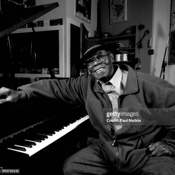 Portrait of Joe Willie 'Pinetop' Perkins at the Acme Recording Studios in Chicago, Illinois, February 3, 2002.