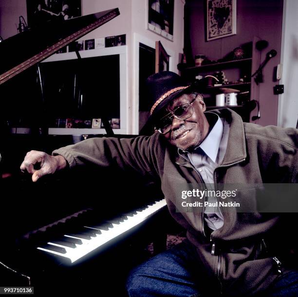 Portrait of Joe Willie 'Pinetop' Perkins at the Acme Recording Studios in Chicago, Illinois, February 3, 2002.