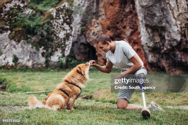 hombre y chow perro de discapacidad - spitz tipo de cachorro fotografías e imágenes de stock