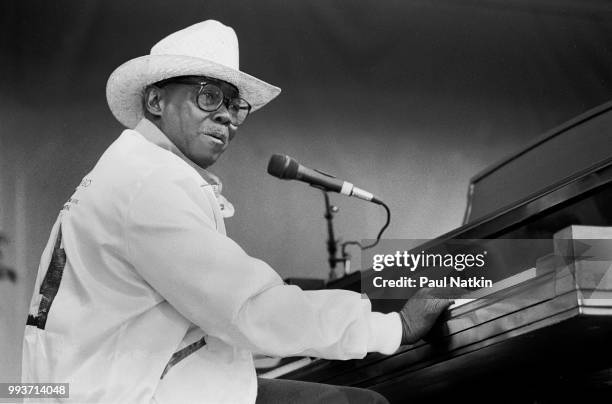 Joe Willie 'Pinetop' Perkins performs on stage at the Petrillo Bandshell in Chicago, Illinois, June 11, 1988.