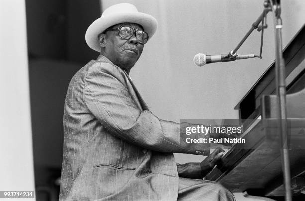 Joe Willie 'Pinetop' Perkins performs on stage at the Petrillo Bandshell in Chicago, Illinois, June 15, 1991.