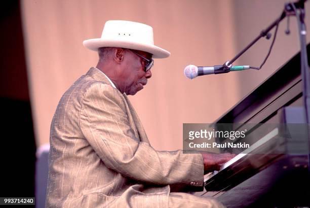 Joe Willie 'Pinetop' Perkins performs on stage at the Petrillo Bandshell in Chicago, Illinois, June 15, 1991.