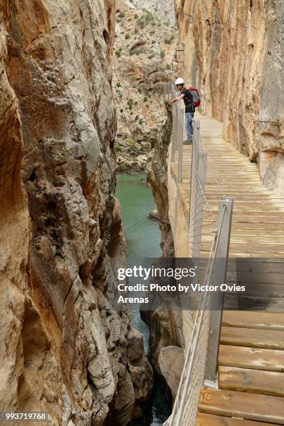 young man on the caminito del rey path known as the ‘walkway of death’ above guadalhorce river gorge near alora in malaga, spain - caminito del rey málaga province stock pictures, royalty-free photos & images