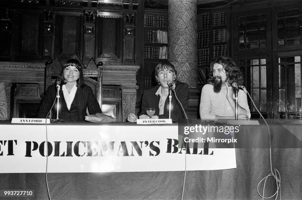 The launch of the release of the recording of 'The Secret Policeman's Ball'. Anna Ford, Peter Cook and Billy Connolly, 7th December 1979.