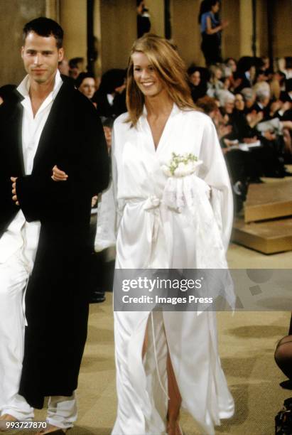 Elle Macpherson modeling Donna Karan at New York Fashion Week circa 1995 in New York.