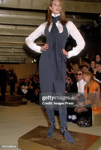Elle Macpherson modeling Donna Karan at New York Fashion Week circa 1995 in New York.