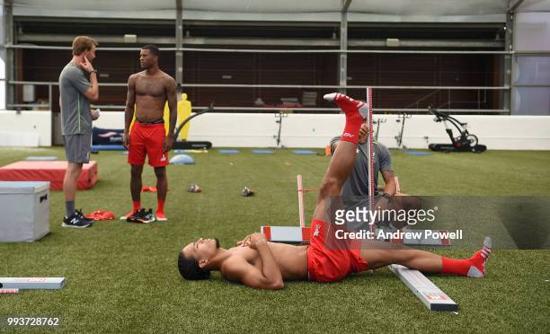 Virgil van Dijk and Georginio Wijnaldum of Liverpool during their first day back at Melwood Training Ground on July 8, 2018 in Liverpool, England.