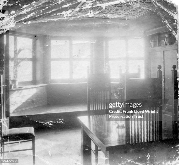 Dining room looking south, two rows of windows are uncovered with a riser in front of the ledges, modifications made to the room in 1897, at the...