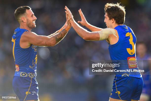 Andrew Gaff of the Eagles celebrates a goal during the 2018 AFL round 16 match between the West Coast Eagles and the GWS Giants at Optus Stadium on...