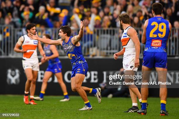 Andrew Gaff of the Eagles celebrates a goal during the 2018 AFL round 16 match between the West Coast Eagles and the GWS Giants at Optus Stadium on...