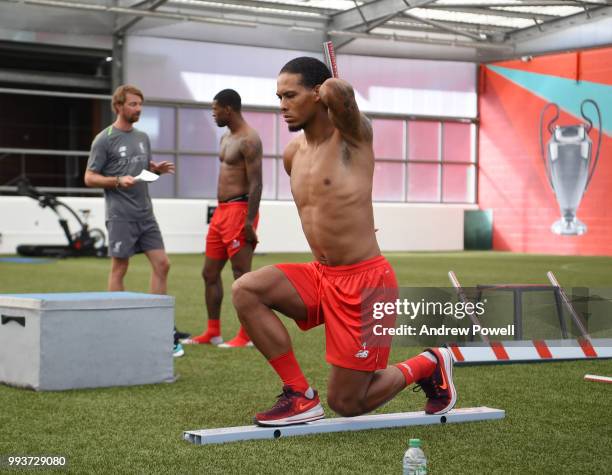 Virgil van Dijk and Georginio Wijnaldum of Liverpool during their first day back at Melwood Training Ground on July 8, 2018 in Liverpool, England.