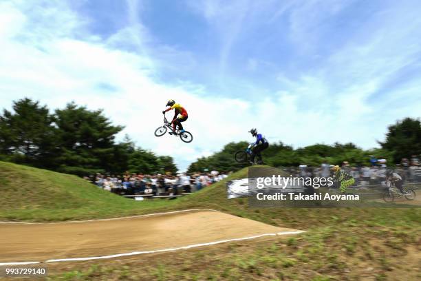 Daiki Ikeda leads the pack in the Men's Elite qualification round during the Japan National BMX Championships at Hitachinaka Kaihin Park on July 8,...