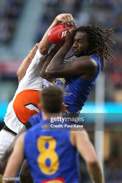 Nic Naitanui of the Eagles marks the ball during the round 16 AFL match between the West Coast Eagles and the Greater Western Sydney Giants at Optus...