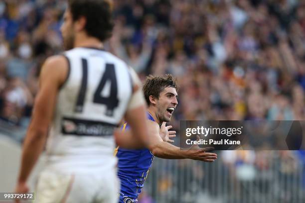 Andrew Gaff of the Eagles celebrates a goal during the round 16 AFL match between the West Coast Eagles and the Greater Western Sydney Giants at...