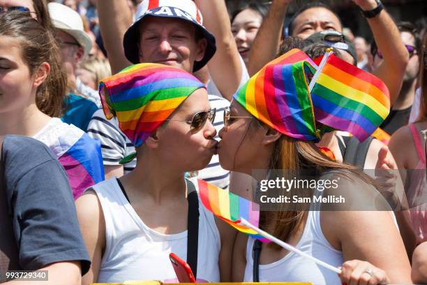 Pride in London parade at Piccadilly Circus on the 7th July 2018 in central London in the United Kingdom. 30,000 marched through central London for...
