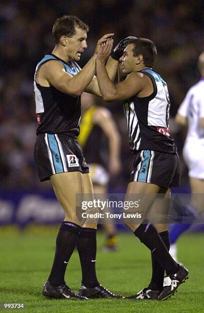 Warren Tretdrea and Fabian Francis for Port celebrate after a final quarter goal in the match between Port Power and the Richmond Tigers in round 15...