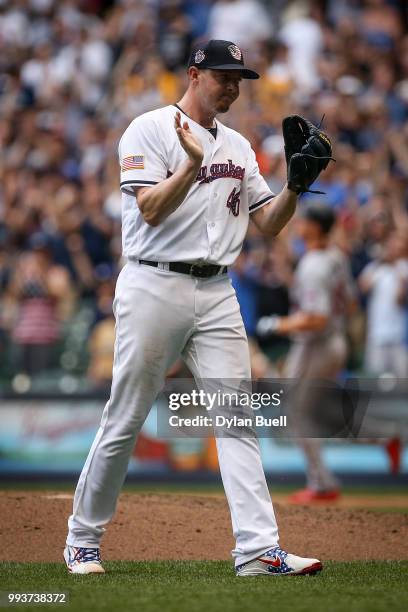 Corey Knebel of the Milwaukee Brewers celebrates after beating the Minnesota Twins 3-2 at Miller Park on July 4, 2018 in Milwaukee, Wisconsin.