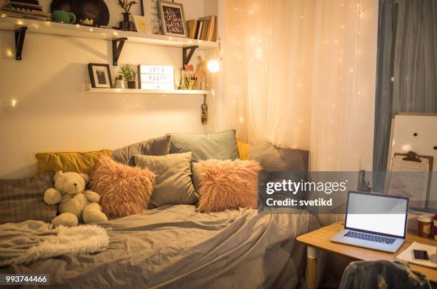 cute teen bedroom - dorm room stock pictures, royalty-free photos & images