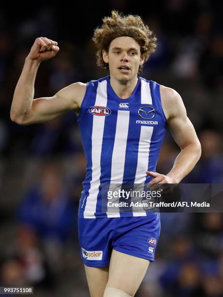 Ben Brown of the Kangaroos celebrates a goal during the 2018 AFL round 16 match between the North Melbourne Kangaroos and the Gold Coast Suns at...