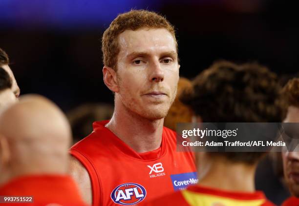 Rory Thompson of the Suns looks on in his 100th game during the 2018 AFL round 16 match between the North Melbourne Kangaroos and the Gold Coast Suns...